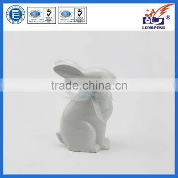 Ceramic Easter Bunny Rabbit Figurine with Blue Bow Ceramic Tabletop Figurine