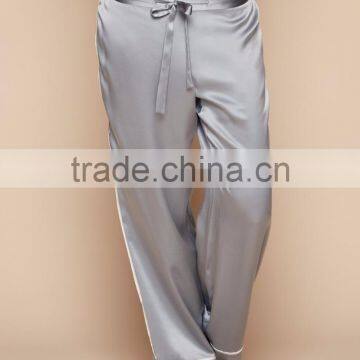 OEM Service Women Grey Satin Sleepwear Appeal Silk Pyjama Long Sleeve Blouse With Long Pants White Piping photo-3