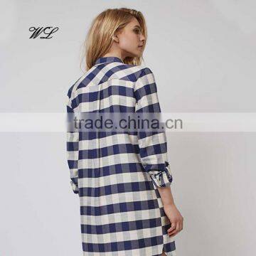 OEM Latest Girl gingham long turn back sleeve shirt dress