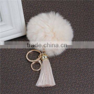 Gold Plated Off-white Angora Pom Pom Ball Rayon Tassel Keychain & Keyring photo-2