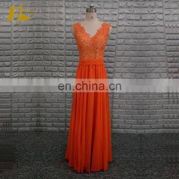 2017 Popular Orange Color A Line Lace Chiffon Long Bridesmaid Dress Online