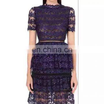 2016 latest short sleeve patterns of nude see through elegant knee length navy lace evening prom dress