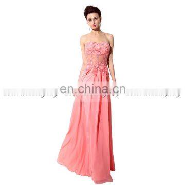 Coral Strapless Applique Rhinestone Chiffon Zipper Prom Dresses