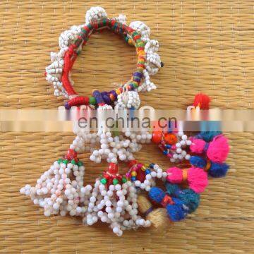 Gypsy Pom Pom Bracelet, Old Banjara Shell Bracelet - Vintage Beaded Pom Pom Bracelet photo-3