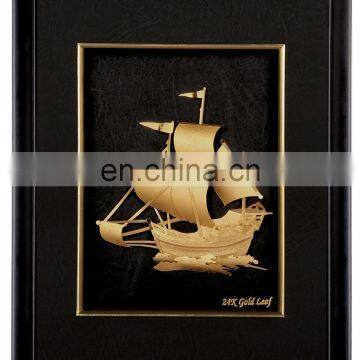 Vintage nautical gold stereograph ship fashion designed plated pure 24K gold foil in wood frame