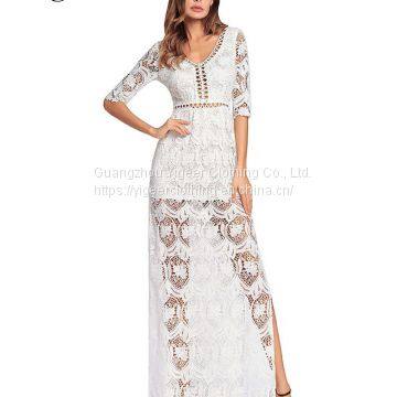 V-neck Lace Hook Hollowed Out Pure Color Long Dress