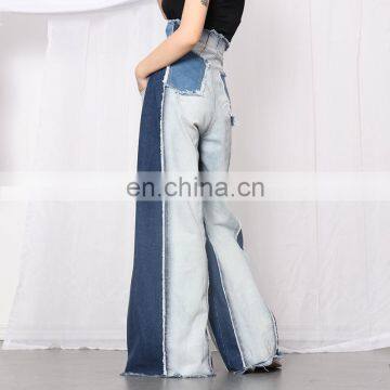 Denim Patchwork High Waist Pocket Hit Color Large Size Wide Leg Pants Female 2020 photo-6
