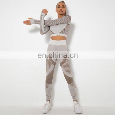 Custom Label Hollow Out 2 Piece Yoga Wear Workout Long Sleeve Clothing Activewear Private Seamless Gym Fitness Sets For Women photo-5