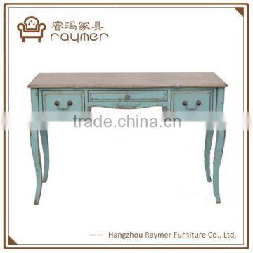 Rustic French Vintage Blue Wood Carved Entryway Console Table