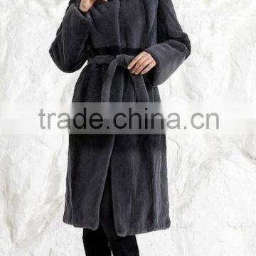 rex14069 knee-length rex rabbit fur coat belt gray