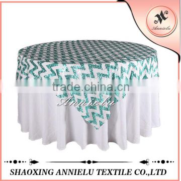 Fancy white and turquoise chevron sequin table cover