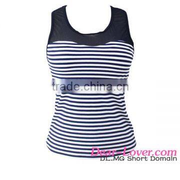 New Stylish Sexy Women Navy White Stripe Print Mesh Splice Bikini Top