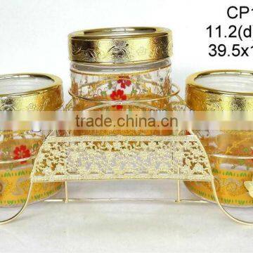 CP110K2 3pcs round glass jar with printing with golden rack