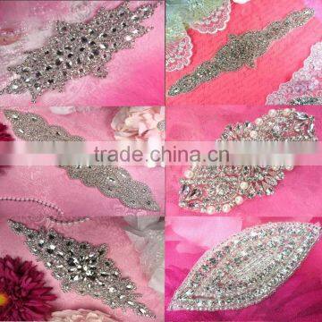 Bridal trimmings clear crystal rhinestone applique with pearls hotfix for wedding dress accessory
