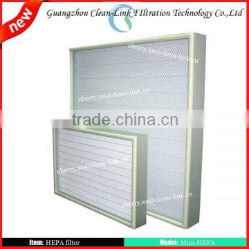 High Efficiency Mini-pleat Glass Fiber HEPA Filter with Galvanized steel frame