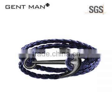 Coolman 2016 Blue Braided Leather Men Bracelet with Anchor