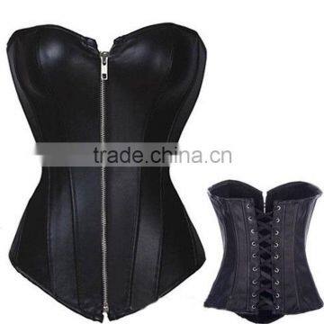 Sexy black faux leather brocade Boned Lace up Corset Bustier zip