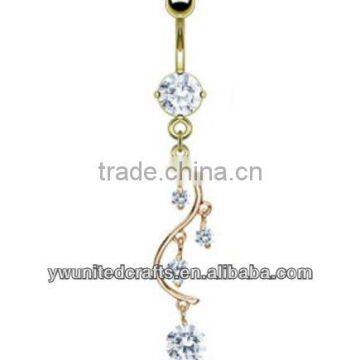 Gold Plated Clear CZ Vine Dangle Belly Navel Ring Body Jewelry Wholesale