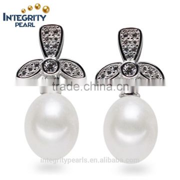 7.5-8mm drop 925 sterling silver Clover shaped cubic zircon earring with pearl