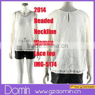 Fashion Beaded Neckline Design Sleeveless Embellished Women Lace Beaded Top