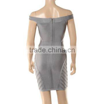 Grey Off The Shoulder Slash Neck Sexy Knitted Short HL Bodycon Bandage Dress photo-4