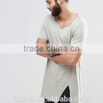 China Suppliers Custom Men Summer Fashion 100% Cotton Raw Scoop Neck Split Hem Long Line T-shirt photo-4