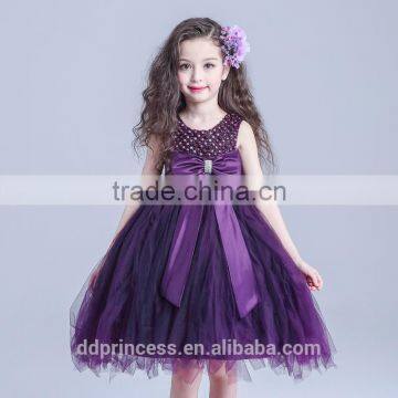 2017 girl party wear western dress elegant dress big bow purple dress