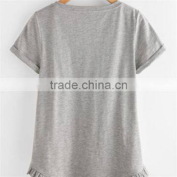 Plain White and Grey Pure Cotton Roll Cuff Ruffle Trim Slub T-shirt photo-6