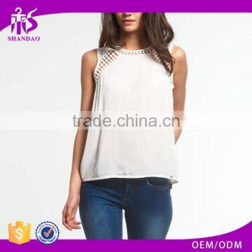 Guangzhou Shandao Supplier Latest Model Casual New Design Sleeveless Net Collar White Chiffon Women Top 2015