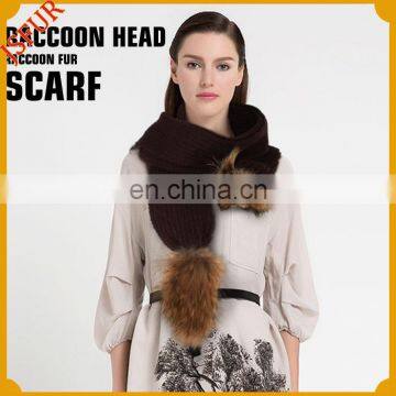 Newly design 2014 Winter knitted match real fur pom pom hat and wool knitted raccoon fur scarf