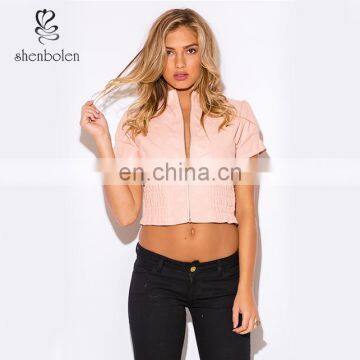 hot selling baby pink zip up short sleeve polyester faux leather bomber women jacket from Chinese clothing manufacturers