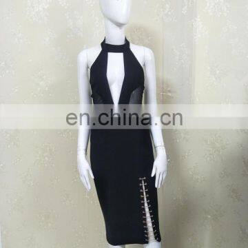 Women Halter Sleeveless Deep V Neck High Split Black Sexy Bodycon Club Party Dresses photo-2
