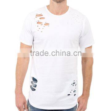 Hot Sale Custom Mens White Ripped Curved Hem T Shirts photo-2