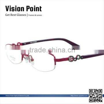 Fashion style women metal half frame eyeglasses frame with pattern temple with clear lenses