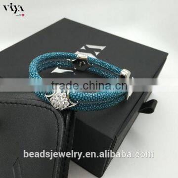 2016 New Arrival Luxury Silver Plated Exotic Genuine Stingray Man Skull Bracelet For Man