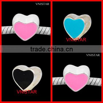 Vnistar Silver plated enamel bead hot pink&cyan&black heart-shaped bead size in 9*10mm PBD556