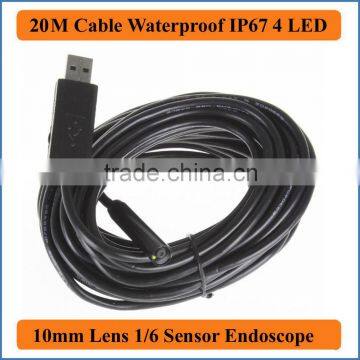 20M Cable Length Inspection Camera IP66 Waterproof 10mm Lens Mini USB Endoscope Camera Borescope Tube Snake Scope 4 LEDs