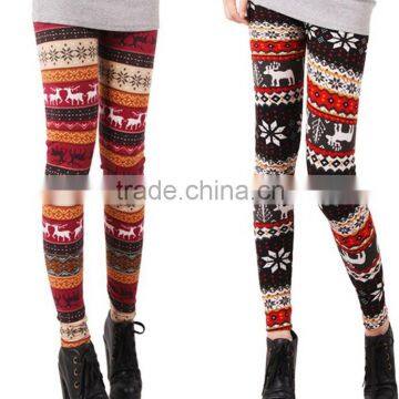 Red Black Nordic Leggings Snow flake Deer Print Fleece winter Christmas girl Leggings