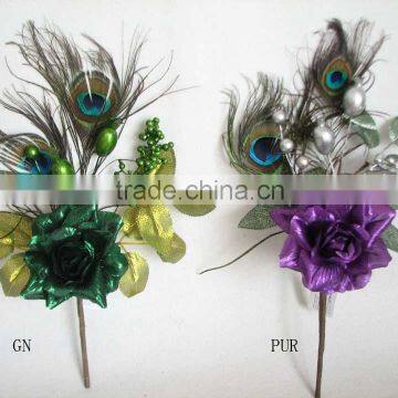 Christmas indoor decorations artificial velvet glitter rose flowers christmas pick with peacock feather