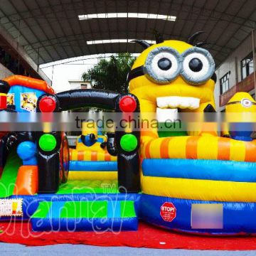 2016 hot selling Minions Train Theme inflatable obstale couse for sale, cheap inflatable obstacle course