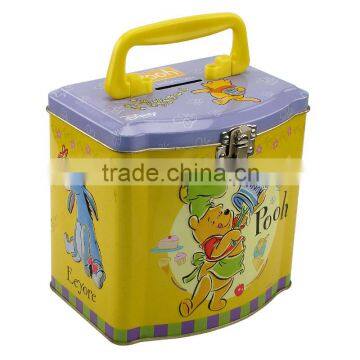 Tin money box with lock and key coin bank