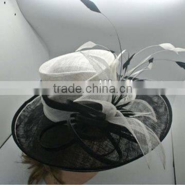 Black and white sinamay church hat with feather