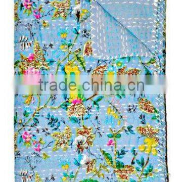 Handmade Indian Cotton Kantha Embroidery Floral Prints Quilts Throws Bedspreads