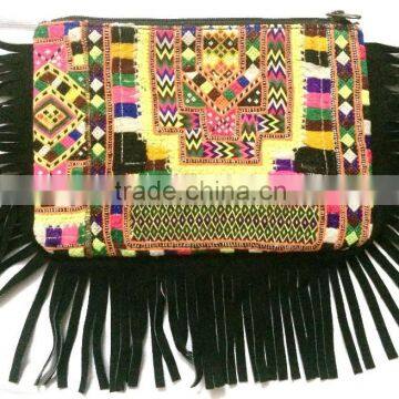 Handmade Women's vintage banjara clutch purse with leather fringes multi color embroidery Boho Ethnic art