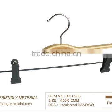 eco friendly laminated flat bamboo hanger with clips, HH brand adult size pants hanger cheap bamboo hanger