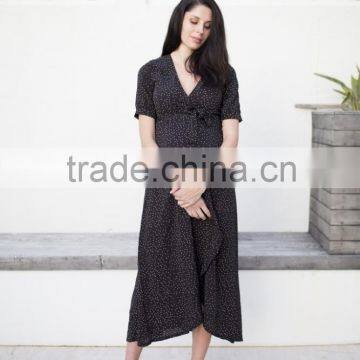 Summer Print Chiffon Black Wrap Maternity Dress, Long Maternity Clothes, Half Sleeve Maternity Clothing