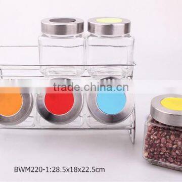 6pcs Clear Square Glass Jar Set in a Silver Rack