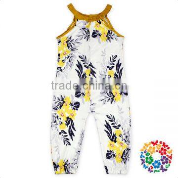 Round Collar Sleeveless Girls Romper Summer Yellow Branch Floral Cotton Baby Rompers