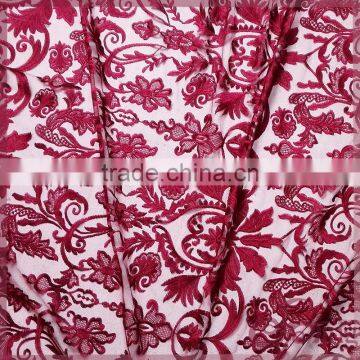 Red shining poly floral embroidered tulle fabric lace, elegant mesh fabric embroidery