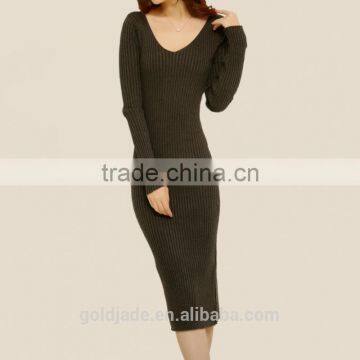 2016 Customized Manufactorying Korean Style Long Sleeve V Neck Knitted Ladies Dress photo-5